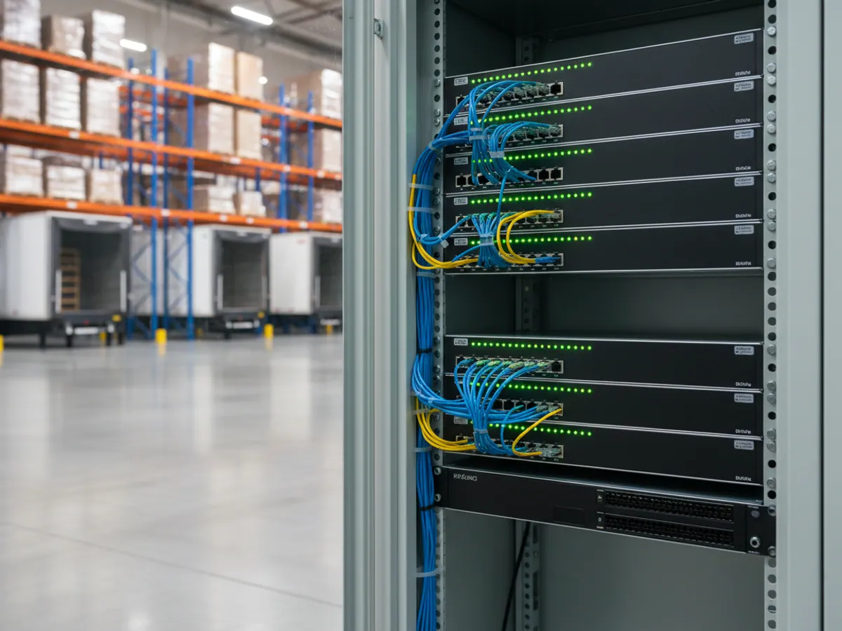 A server rack with network cabling, and beyond the glass a warehouse with trailers at the docks