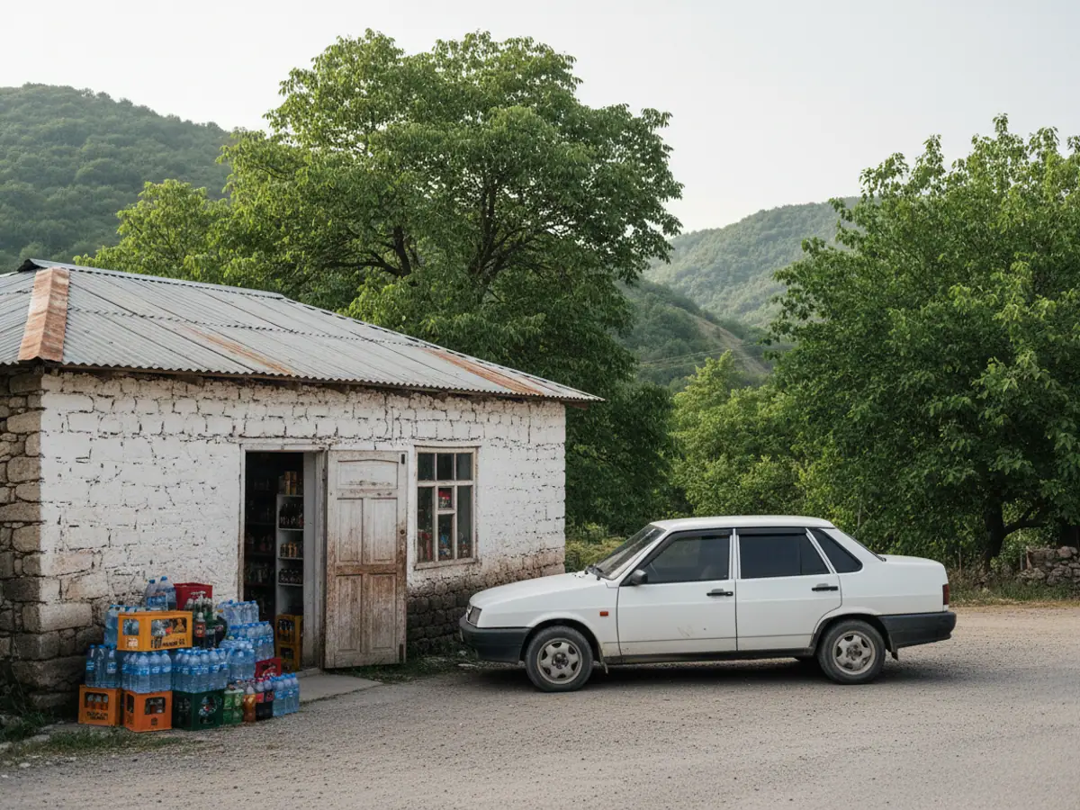A village food shop in the foothills of Ismayilli, crates of drinks by the entrance and a parked saloon