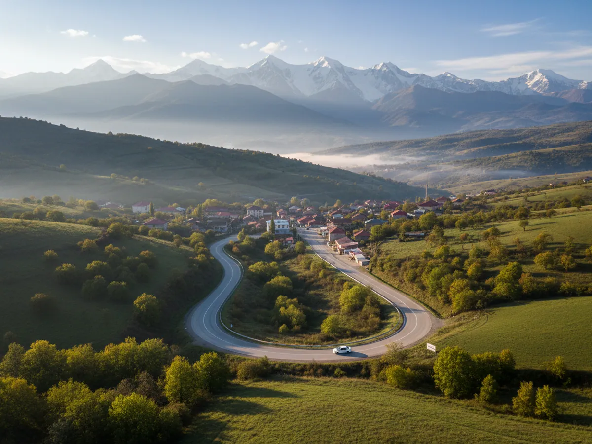 A winding road in the foothills between Sheki and Gakh, a white saloon heading towards a village