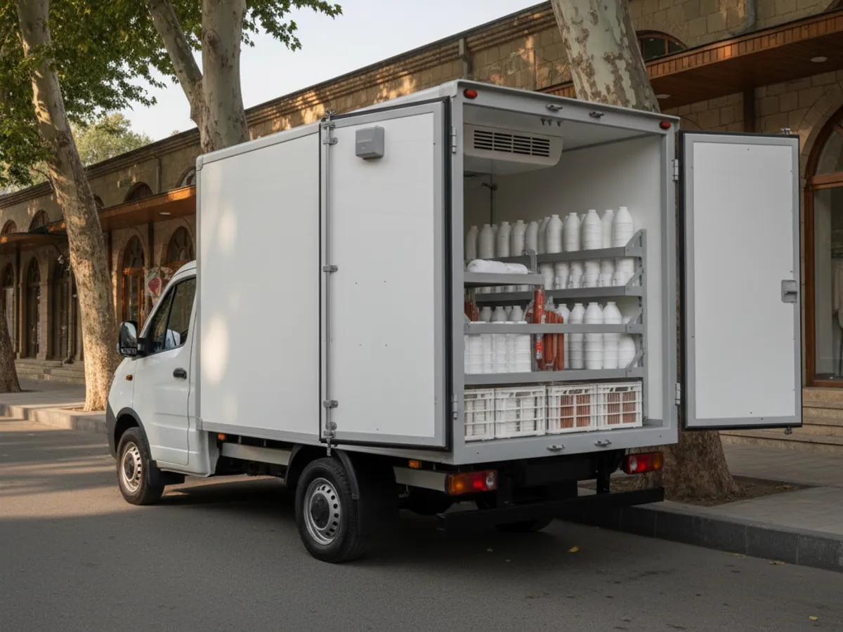 A white delivery lorry with an insulated body and open doors on a street in Ganja