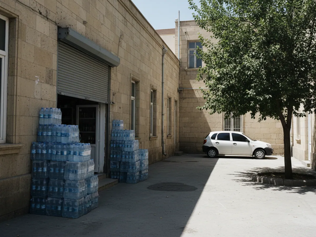 A courtyard food shop with its roller shutter half down, crates of water and a car alongside