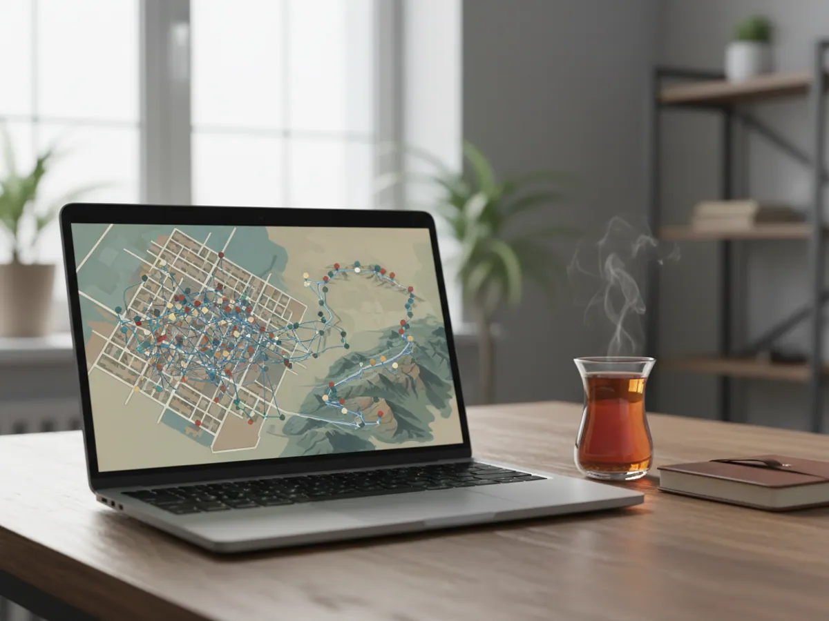 A laptop with an abstract map: a dense cluster of points in the city and a chain of points along a mountain road