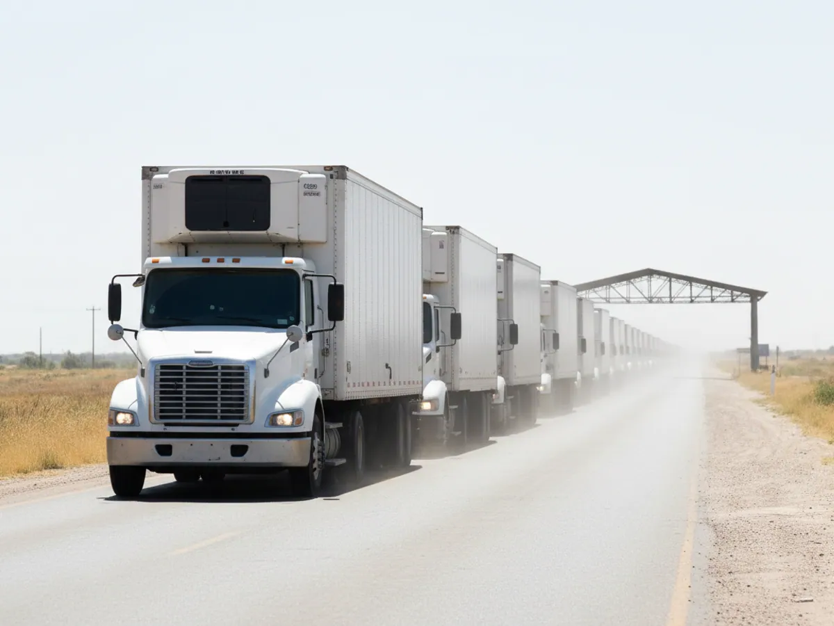 A refrigerated lorry in a queue of trucks under blazing sun at a border crossing, heat haze above the tarmac