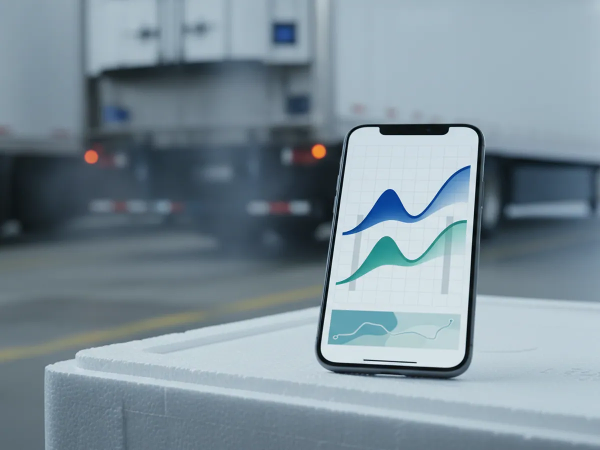 A smartphone showing a temperature chart, resting on an insulated box by an open refrigerated body