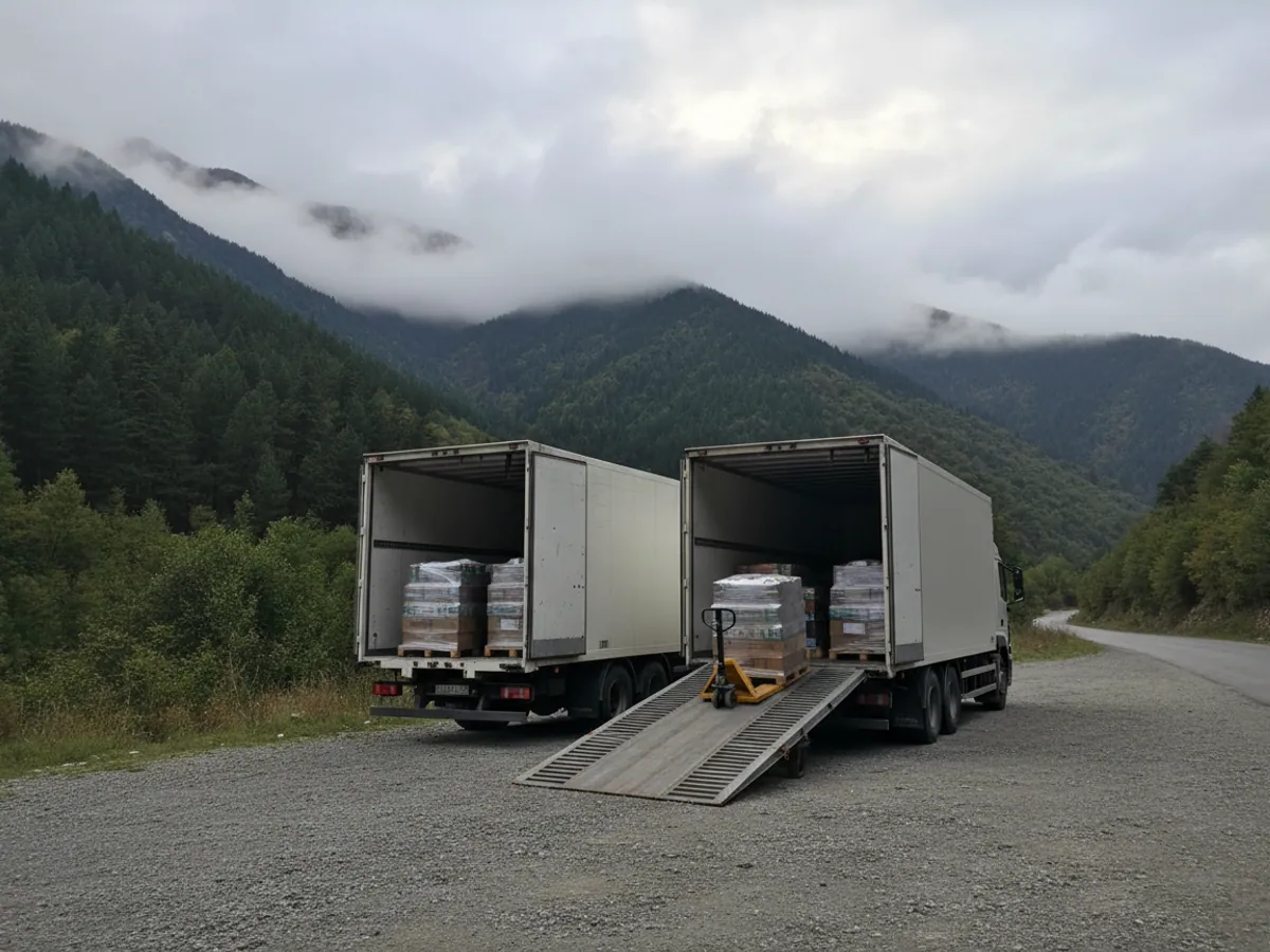 Two refrigerated lorries on the verge of a mountain road, a ramp and pallets between the open bodies