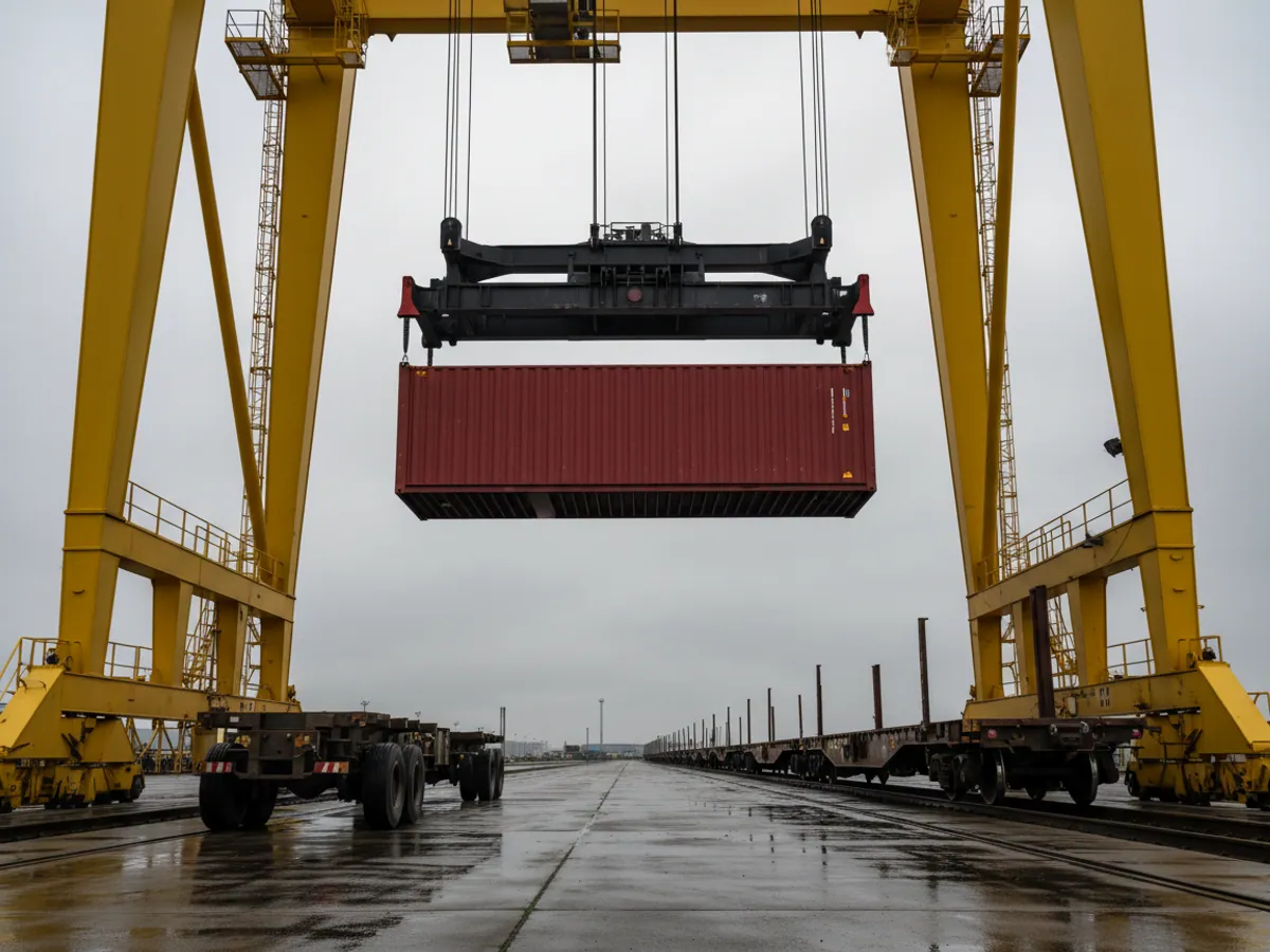 A container hanging from a gantry crane spreader as it is transferred from a semi-trailer to a rail wagon