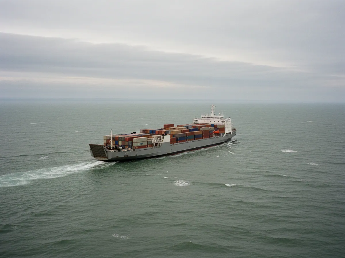 A cargo ferry with containers and trailers on deck in the open Caspian Sea