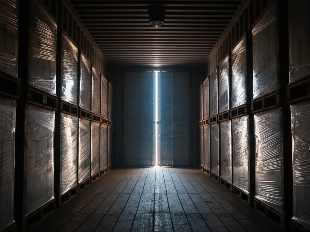 A beam of daylight entering a dark container of pallets through the part-open doors