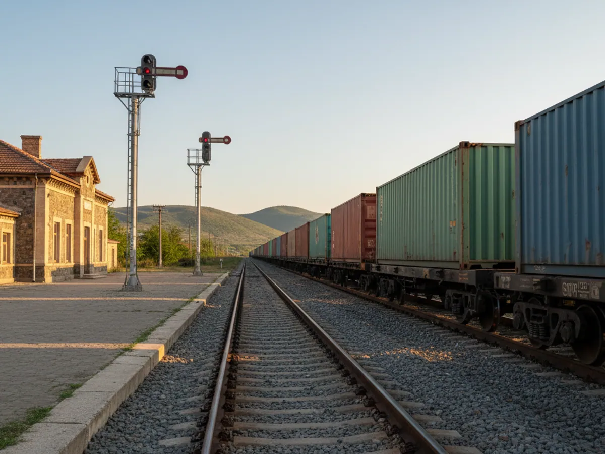 A container train on a siding at a border station among green hills