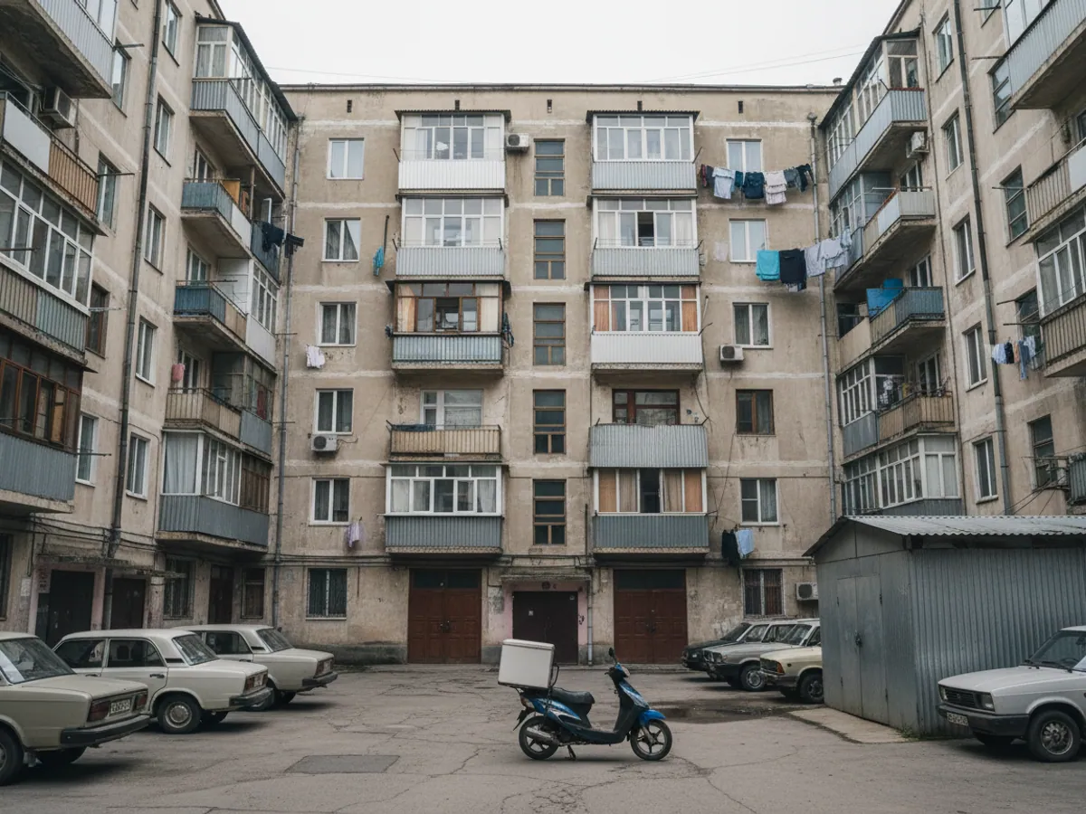 A courtyard of Soviet five-storey blocks in the Narimanov district with identical entrances and a courier scooter