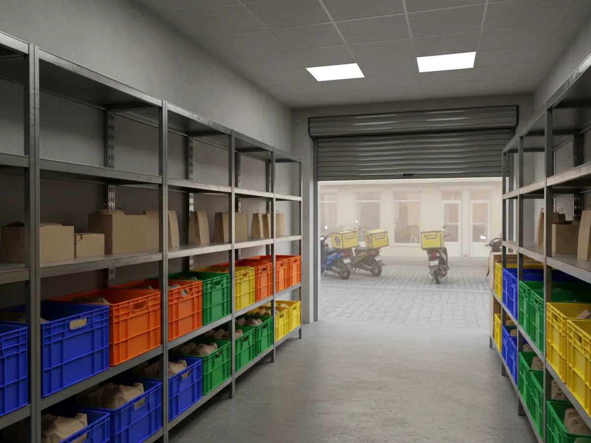 Parcels sorted into coloured crates on dark store shelving, scooters visible through the open gates