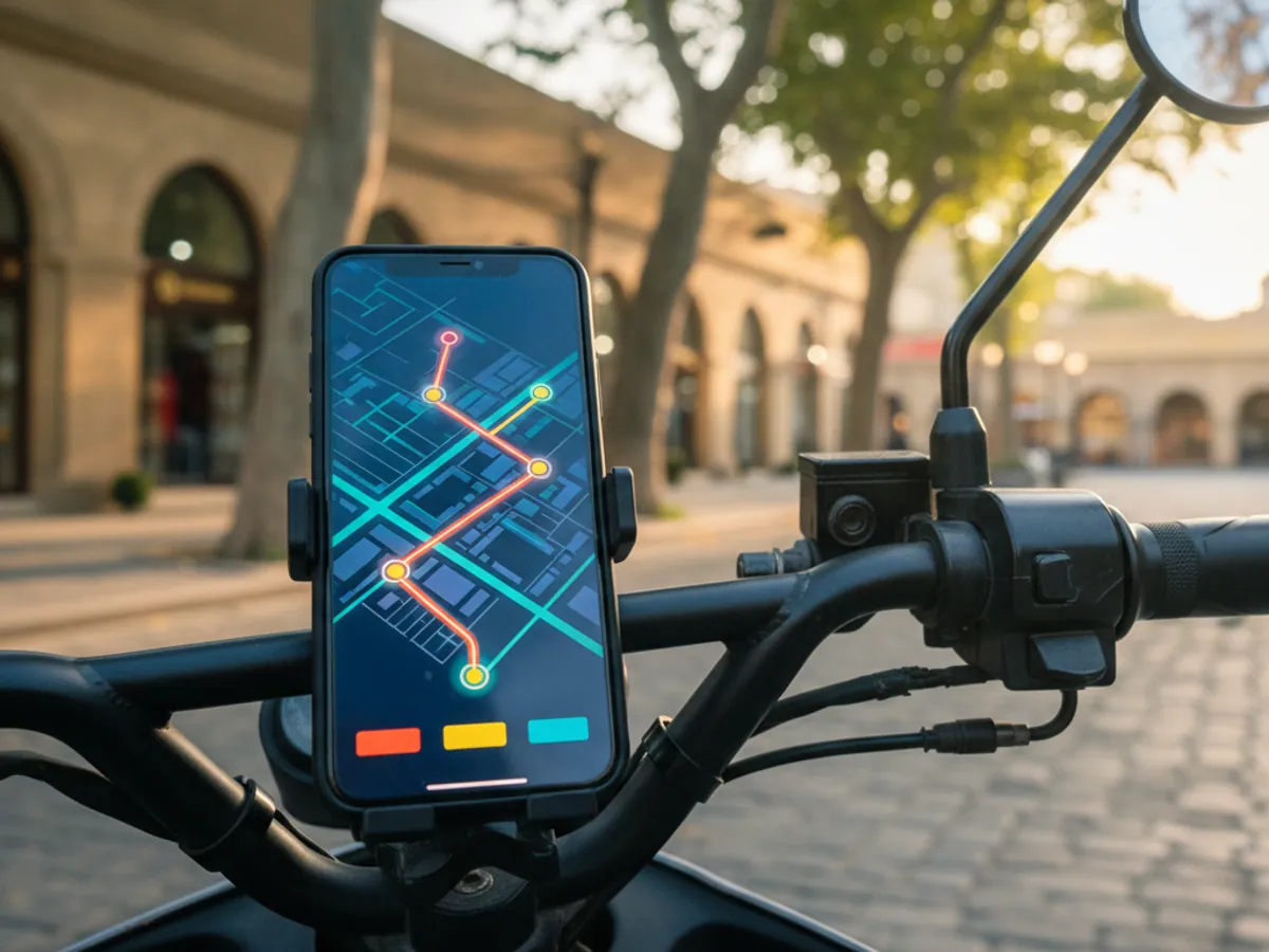 A smartphone on the handlebar of a courier scooter showing a route on an abstract map