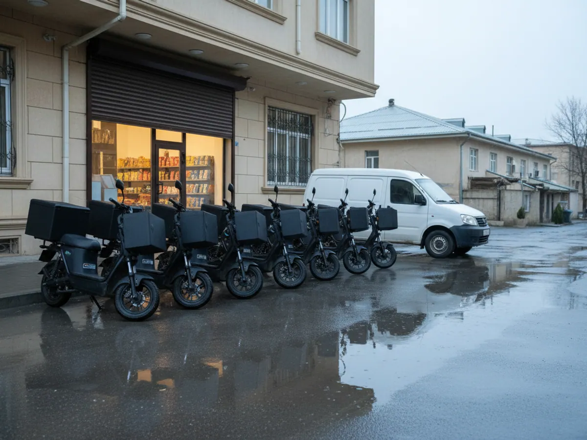Six courier scooters and a white van outside a dark store early in the morning after rain