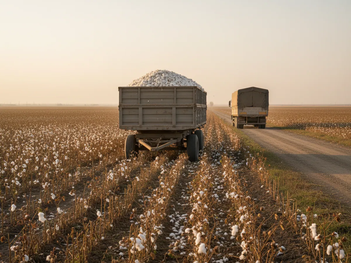 A trailer of raw cotton at the edge of a harvested cotton field in Saatly