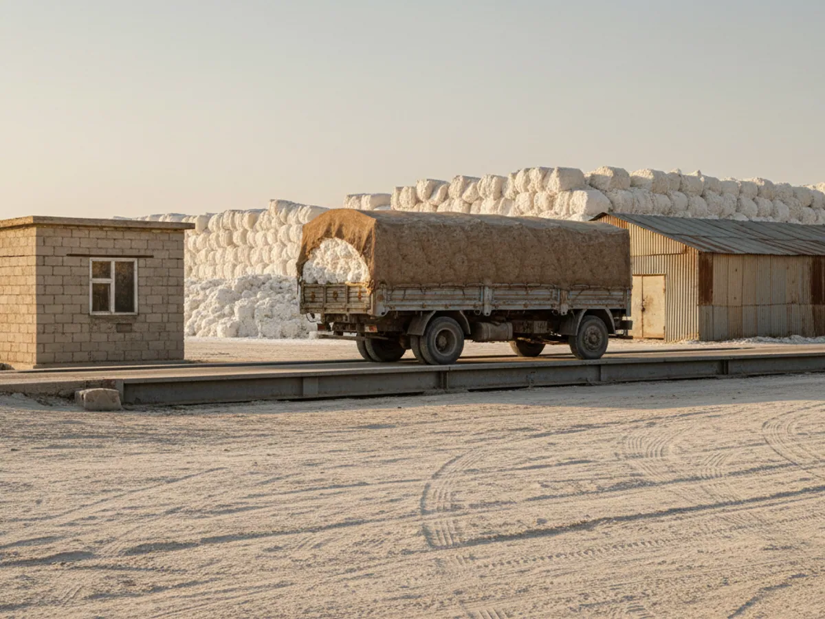 A netted lorry load of cotton on the weighbridge at a collection point, cotton heaps behind it