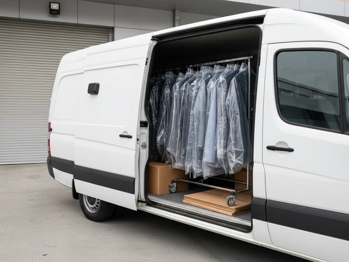 A van with its side door open at the service entrance of a shopping centre, clothing rails inside