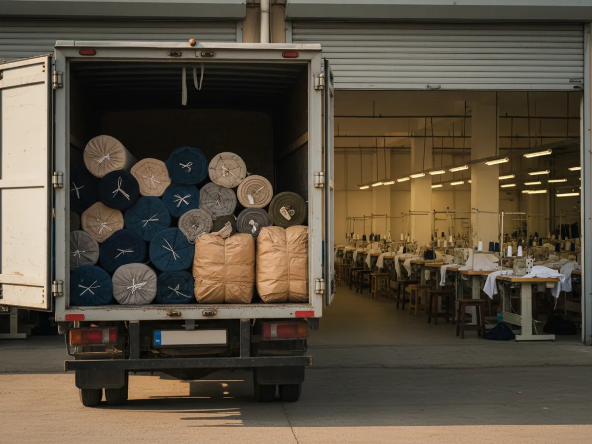 Rolls of fabric and bundles of cut pieces in the body of a lorry at the gates of a sewing workshop