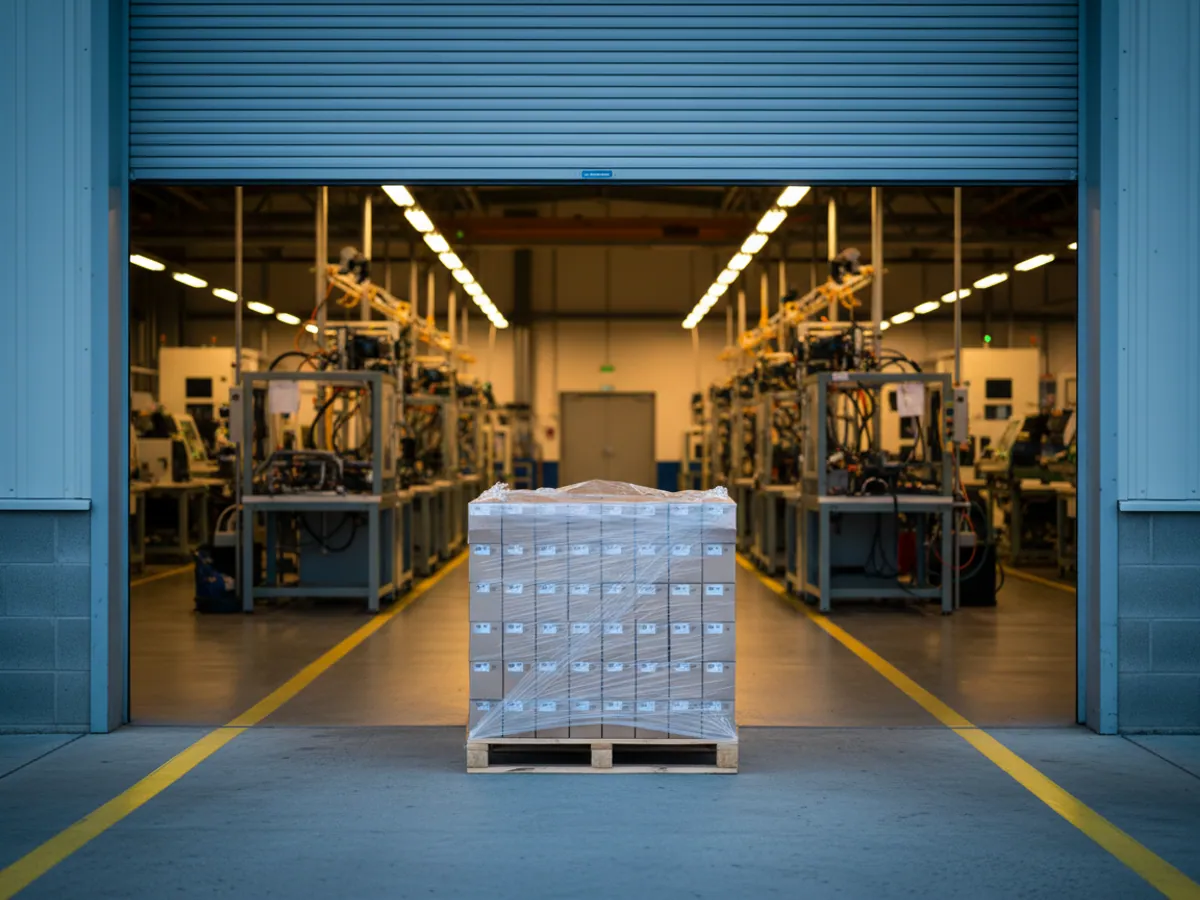 A pallet of fasteners standing in the gateway between the warehouse and the assembly shop while the line waits