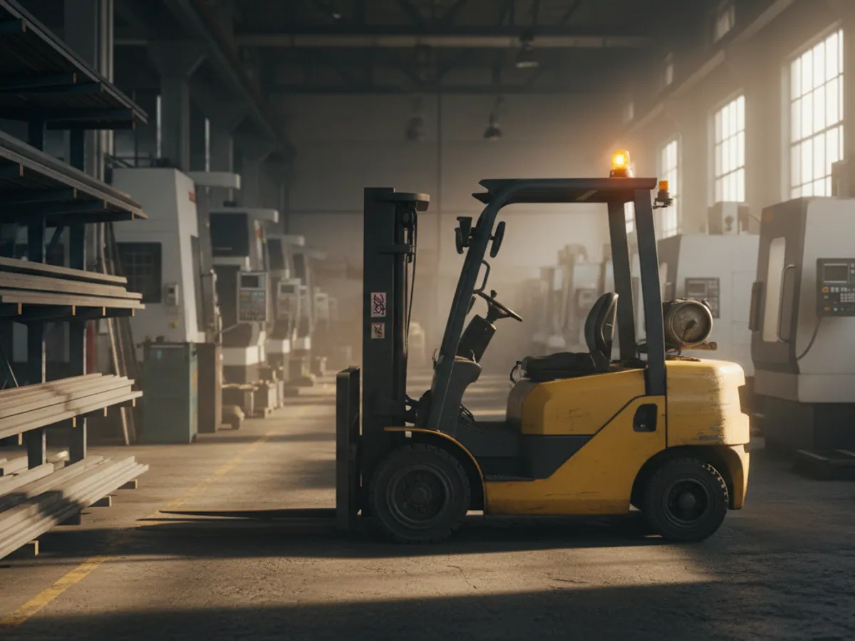 A forklift standing idle with its beacon on beside racks of blanks in the machining shop