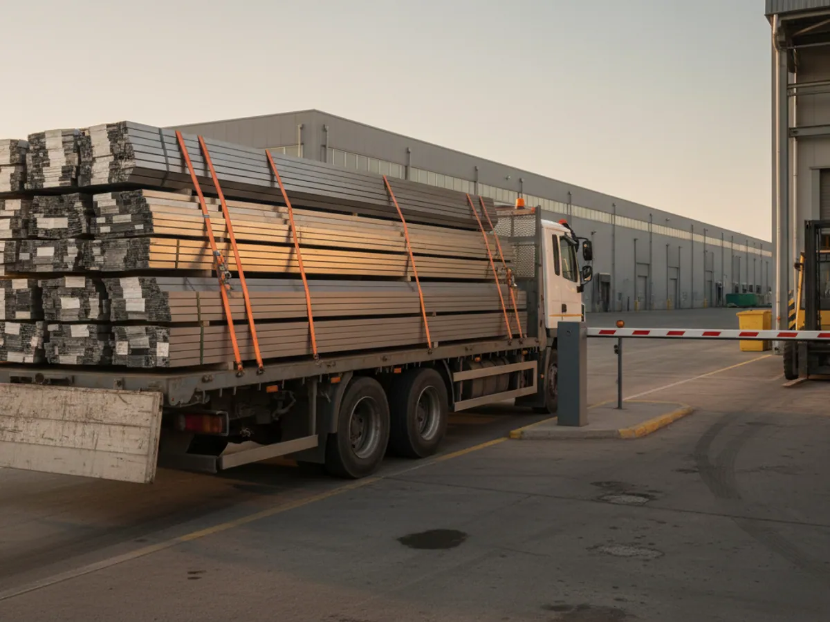 A flatbed lorry with sheet metal at the barrier of the works checkpoint, a forklift waiting by the warehouse