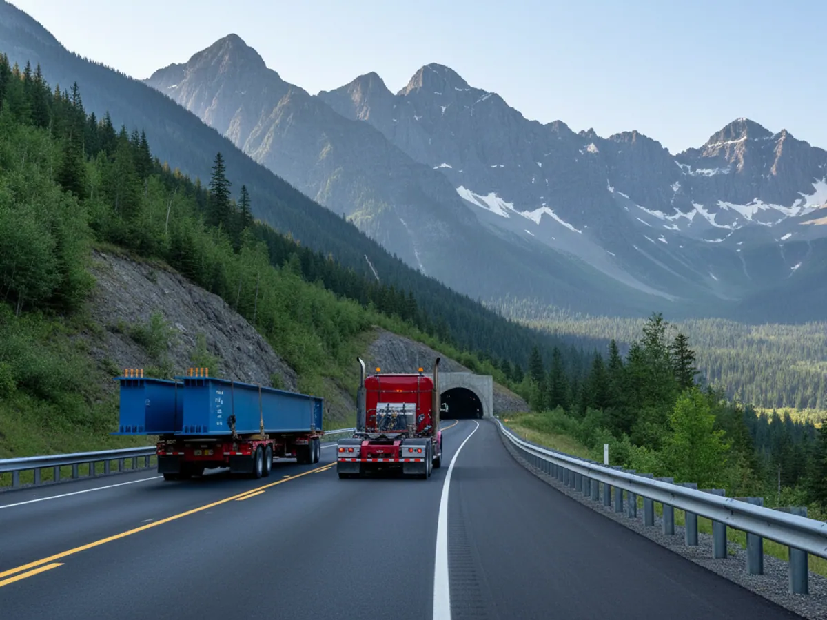 A lorry carrying steel structures along a new mountain road in Karabakh towards a tunnel