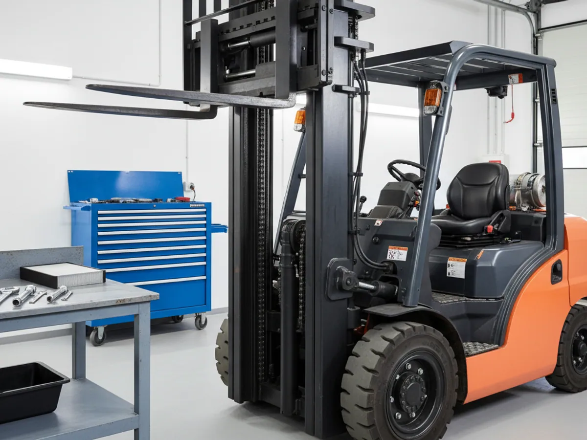 A forklift being serviced in a workshop bay, new filters and tools on the bench