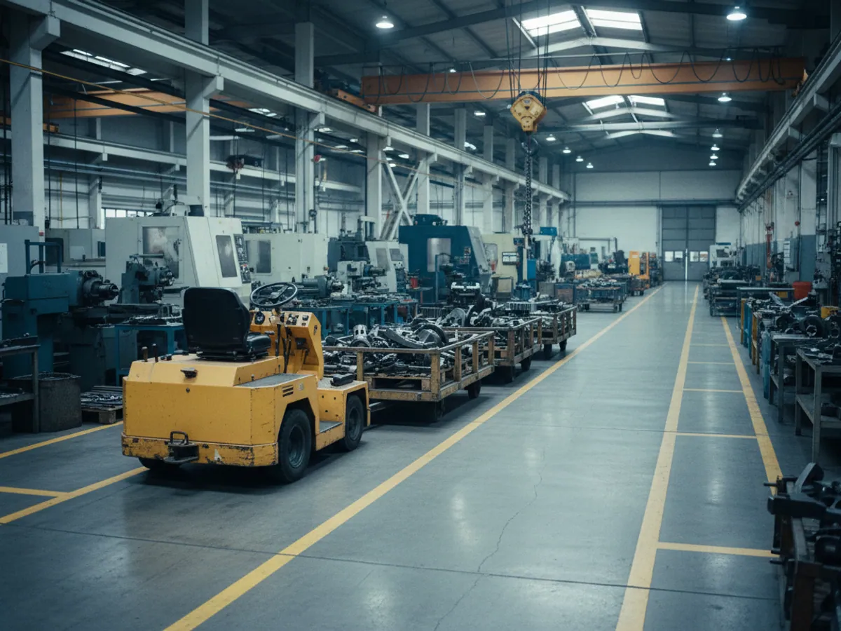 An electric tug with trailers of machined parts in a marked-out shop aisle