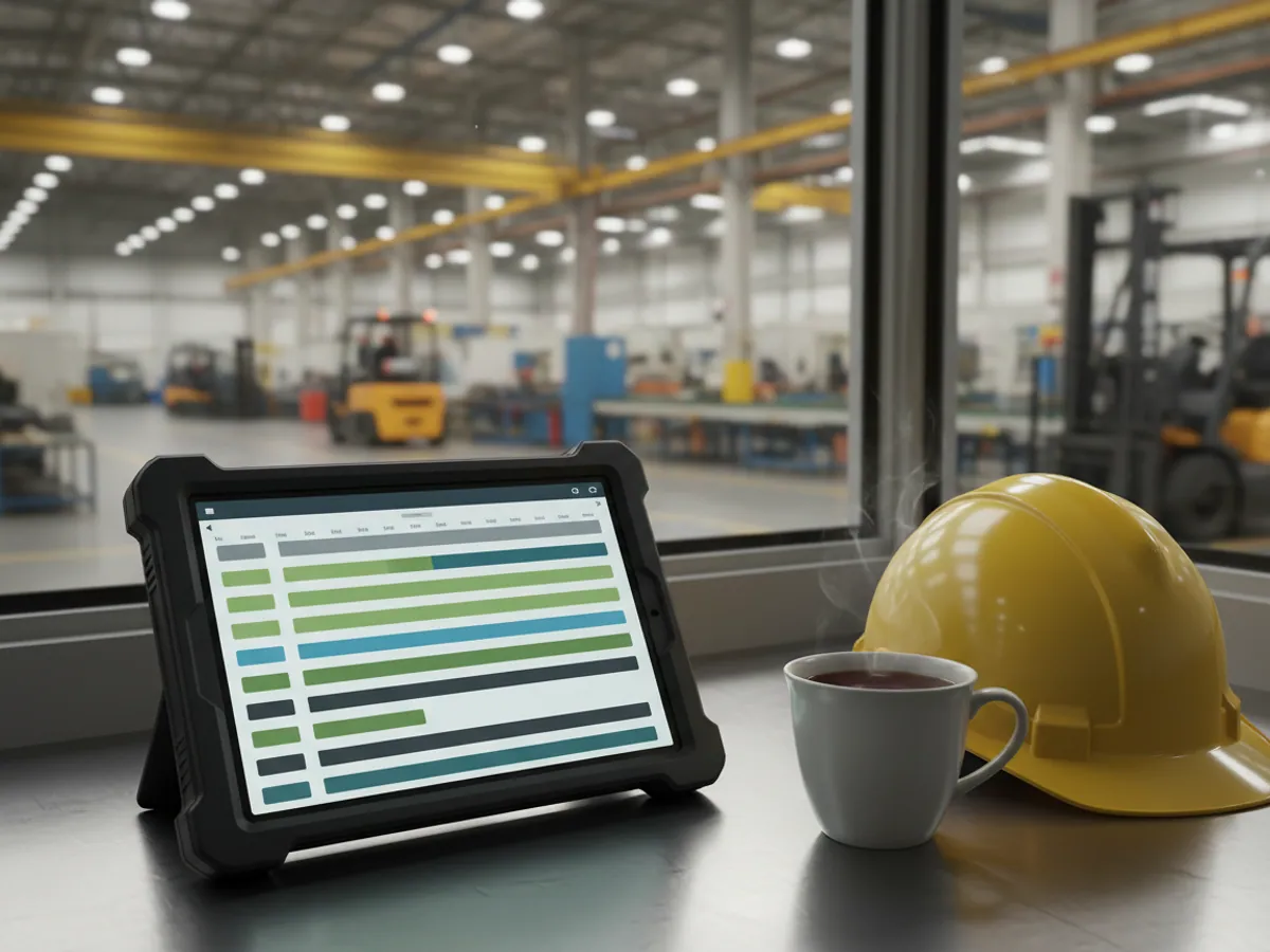 A tablet showing coloured shift timelines on the supervisor's desk, the shop and forklifts beyond the glass