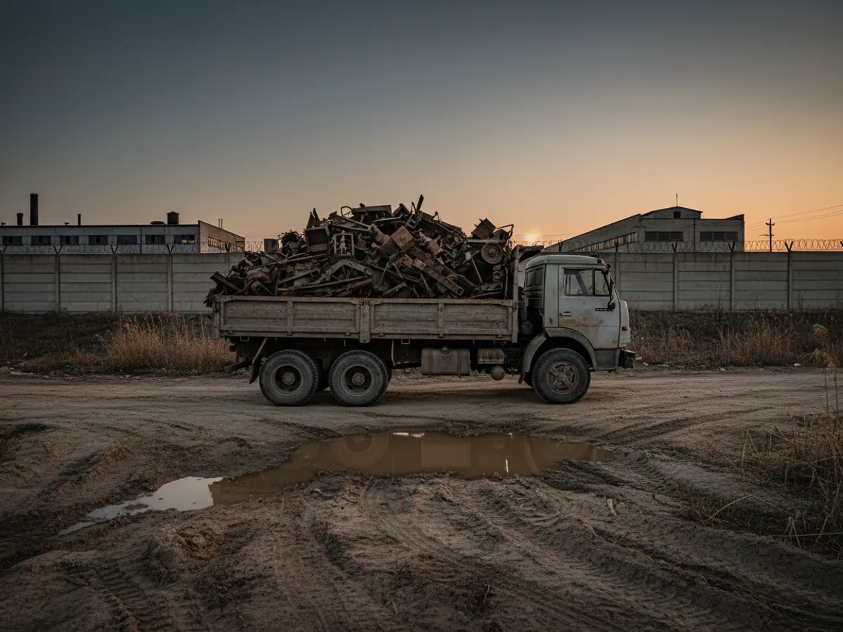 A lorry loaded with scrap standing on waste ground by a concrete fence at dusk