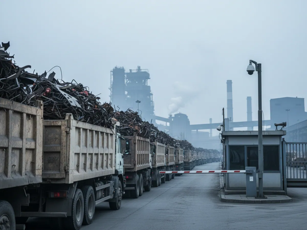 A queue of scrap lorries at the entrance to a steelworks, a camera on a post above the lane