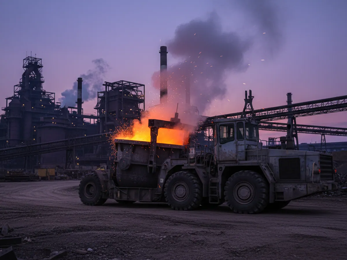 A slag carrier taking a glowing slag pot from the shop to the tip at dusk