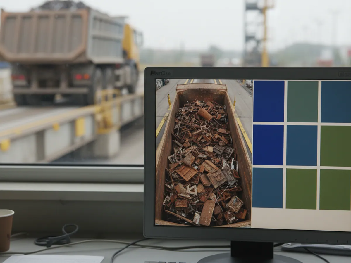 A monitor in the weighbridge booth showing a body loaded with scrap from above, a lorry on the scales through the window