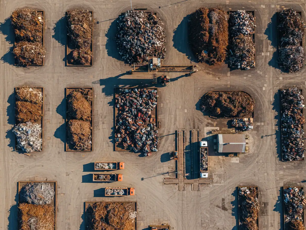 An aerial view of the works charge yard: heaps of scrap, tippers and the weighbridge by the entrance