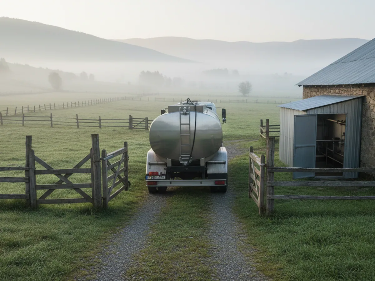 A milk tanker at the gate of a small farm in the foothills near Sheki, empty pens in the morning mist