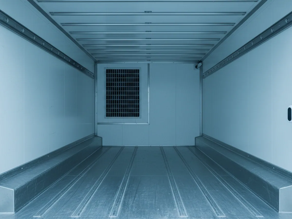 An empty refrigerated body from the inside with two temperature sensors, by the door and by the front wall