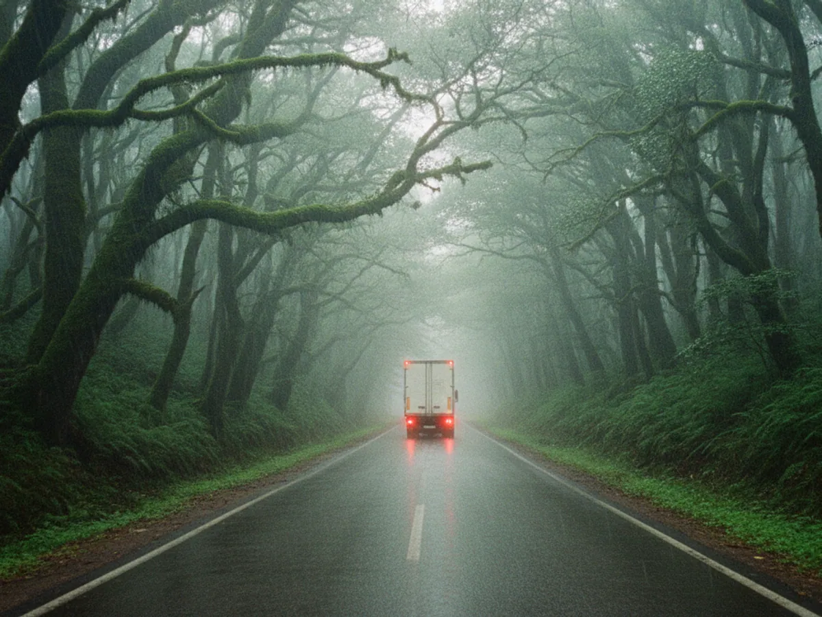 A refrigerated lorry on a wet road through misty woodland near Lankaran