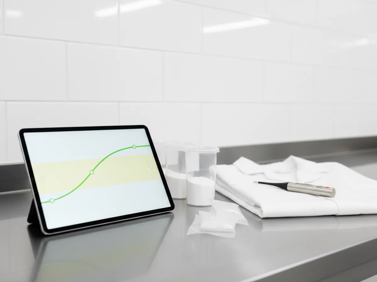 A tablet showing a temperature chart within the permitted band on a bench in a food plant laboratory