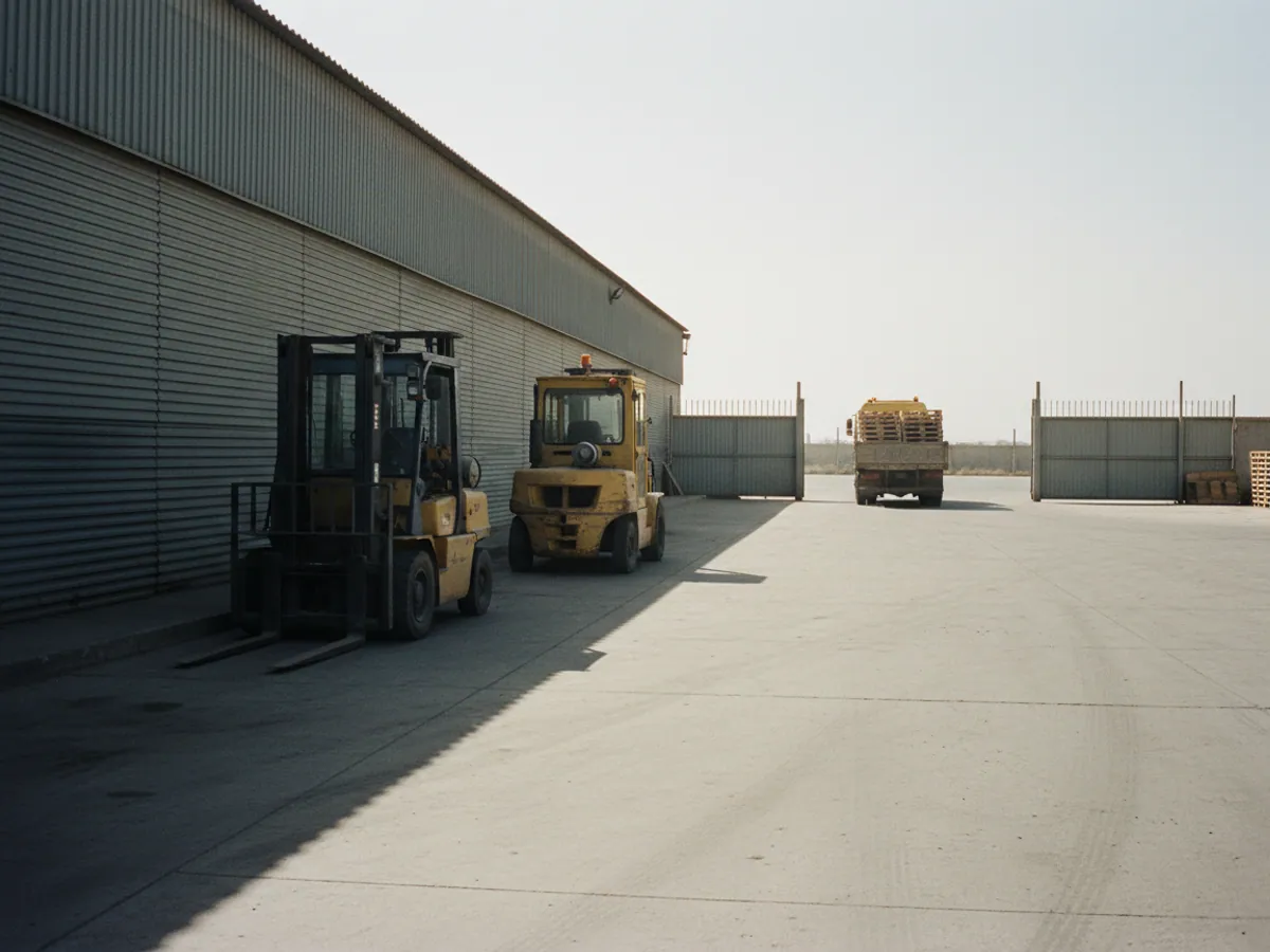 Forklifts and a yard tractor standing idle by a warehouse wall as a lorry drives out of the gates