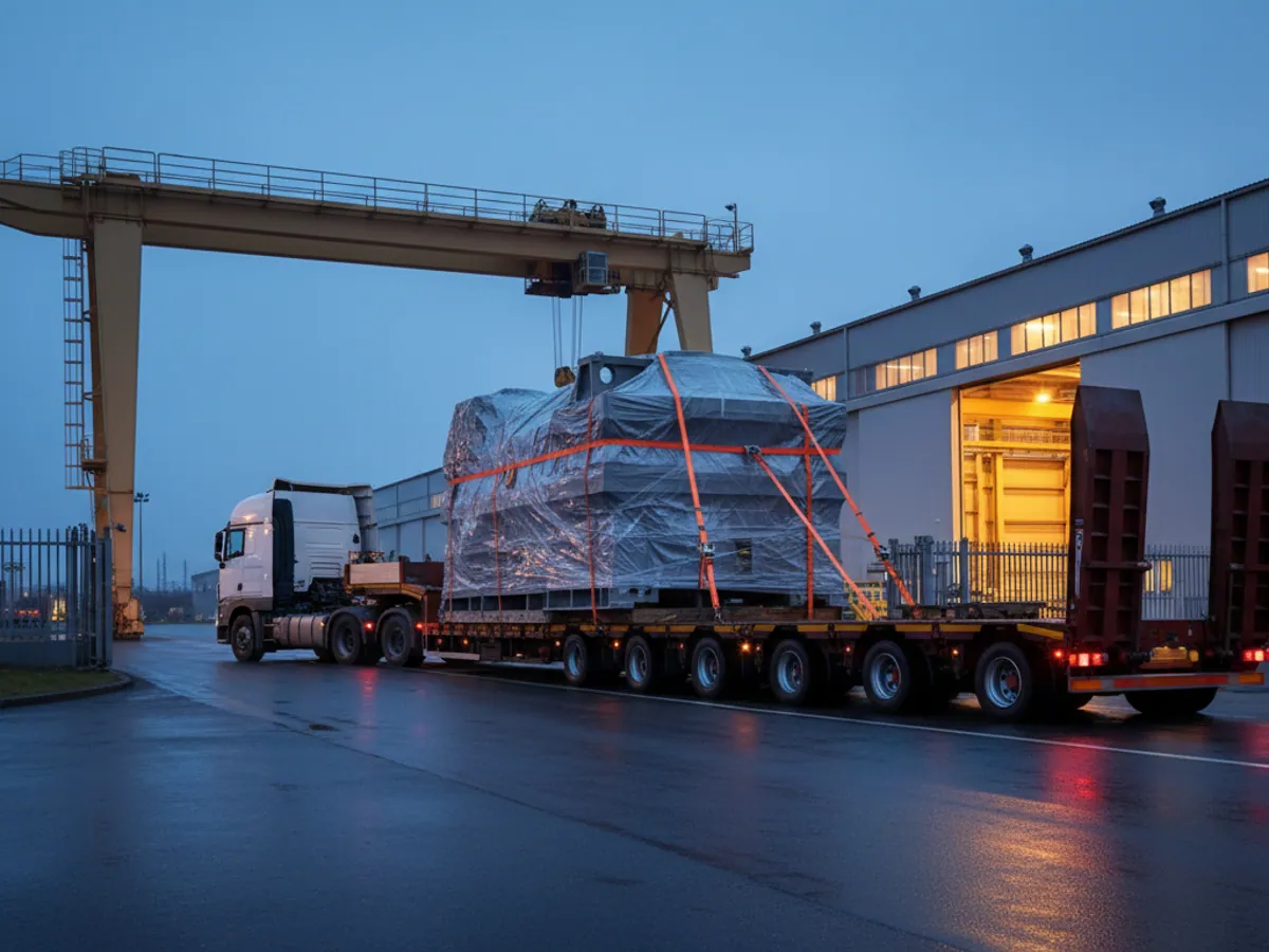 A tractor unit with a low loader taking a large steel assembly out of a factory, chained down
