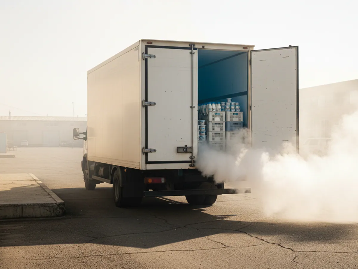 The half-open door of a refrigerated unit in summer heat, cold vapour spilling from the body