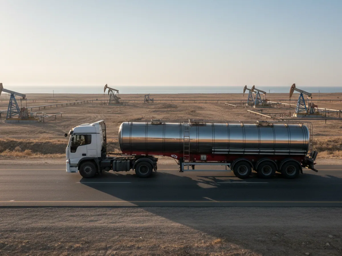 A chemical tanker driving along an empty road past nodding donkeys