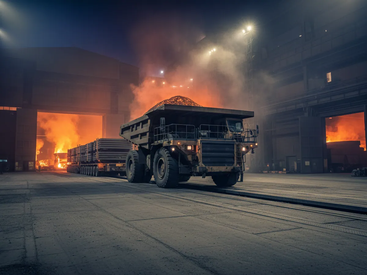 A slag tipper driving onto the weighbridge on the site of a metals plant at night