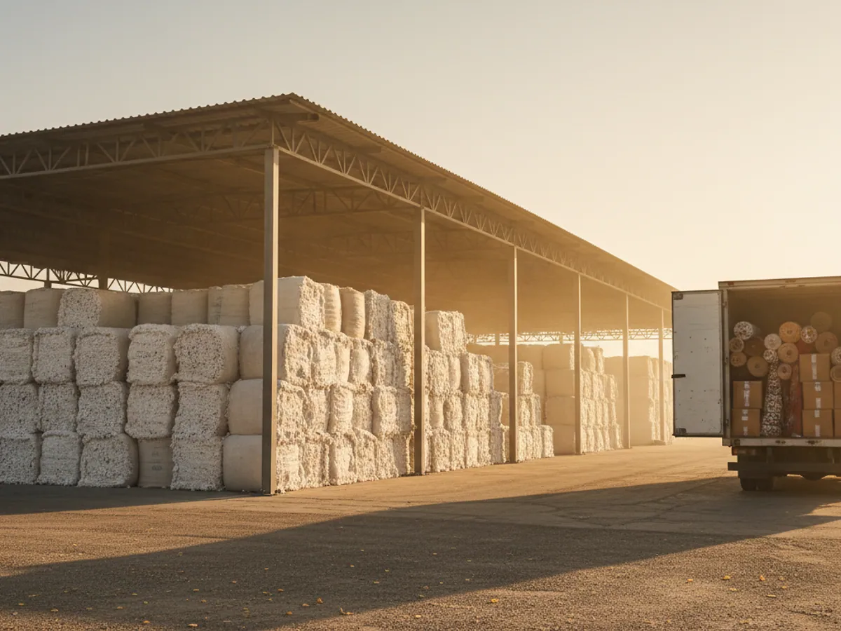 The yard of a textile mill: cotton bales under a canopy and a van of fabrics at the loading bay