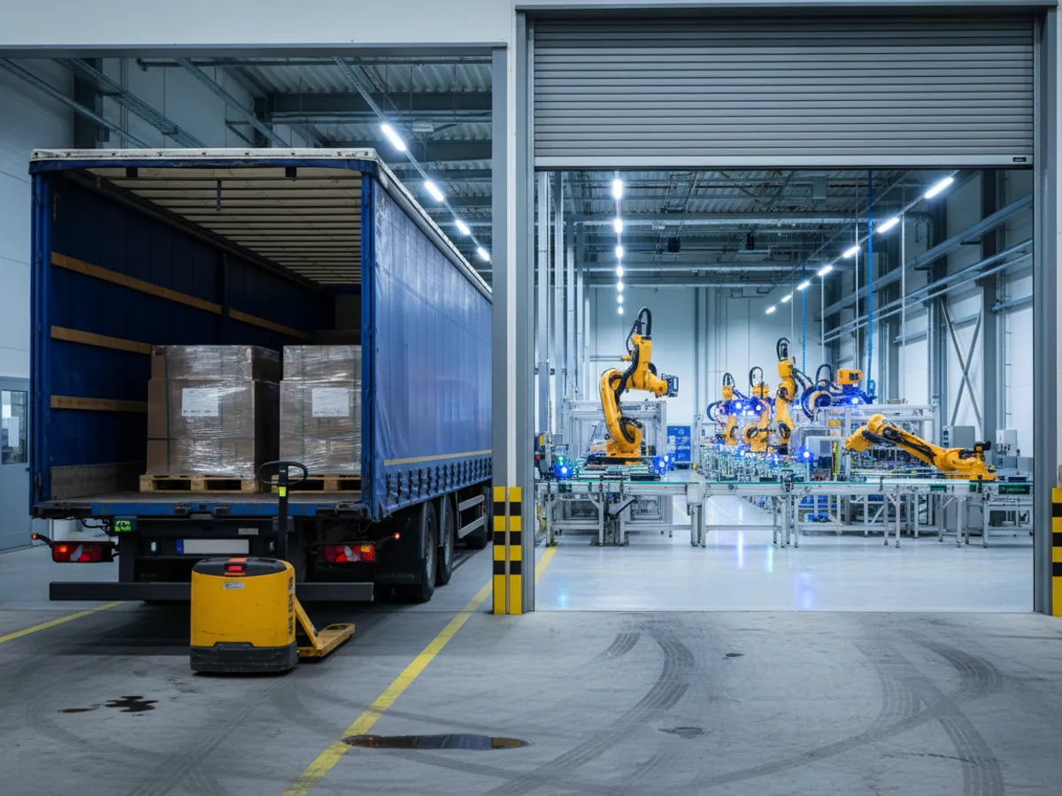 A lorry at a factory loading bay, with a production line and conveyor visible through the open doors