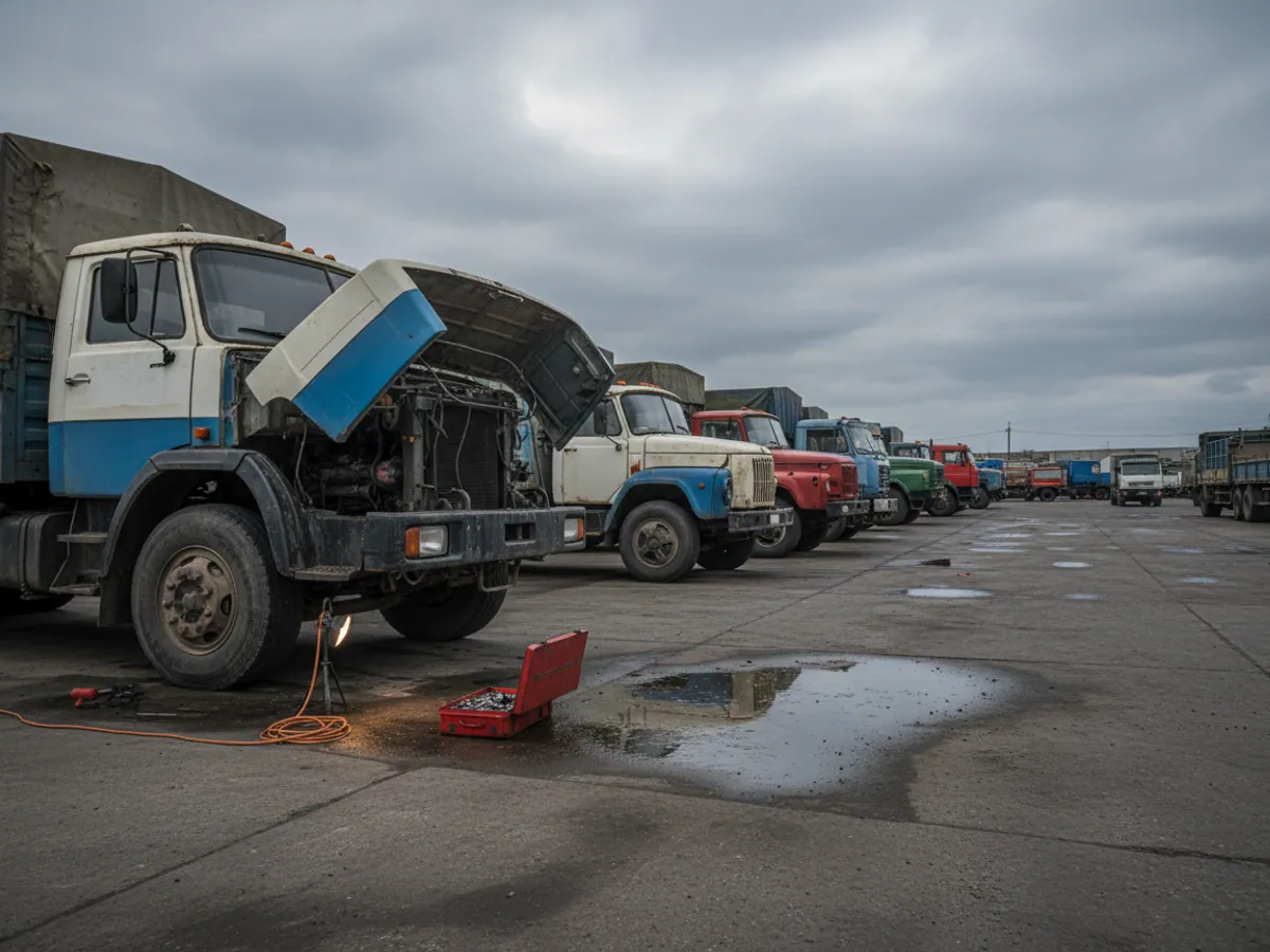 Lorries in the factory garage in the morning, the nearest one with its cab tilted and a toolbox beside it