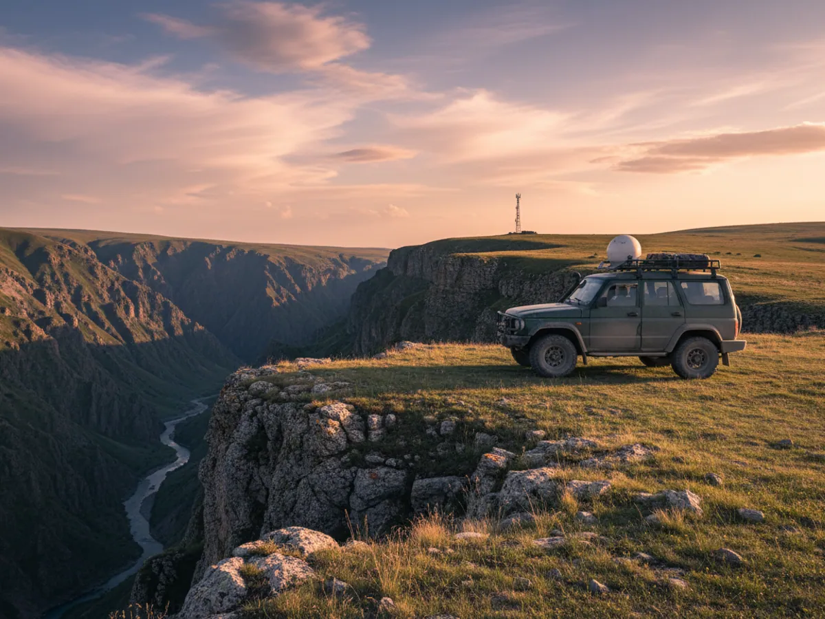 An off-road vehicle with a satellite dish on a mountain ridge, a gorge below and a communications mast in the distance