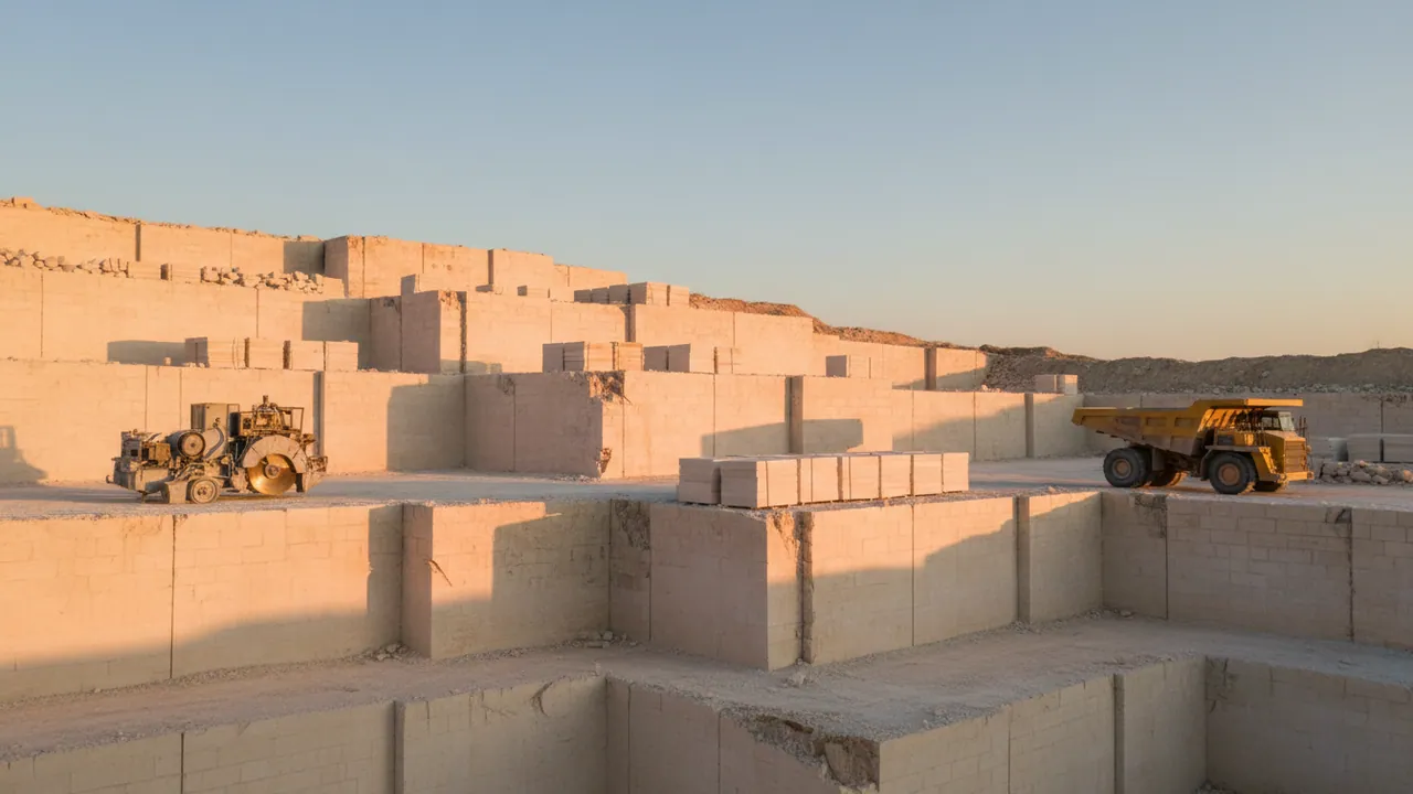 A limestone quarry in Absheron: even benches, stacks of blocks and a stone-cutting machine