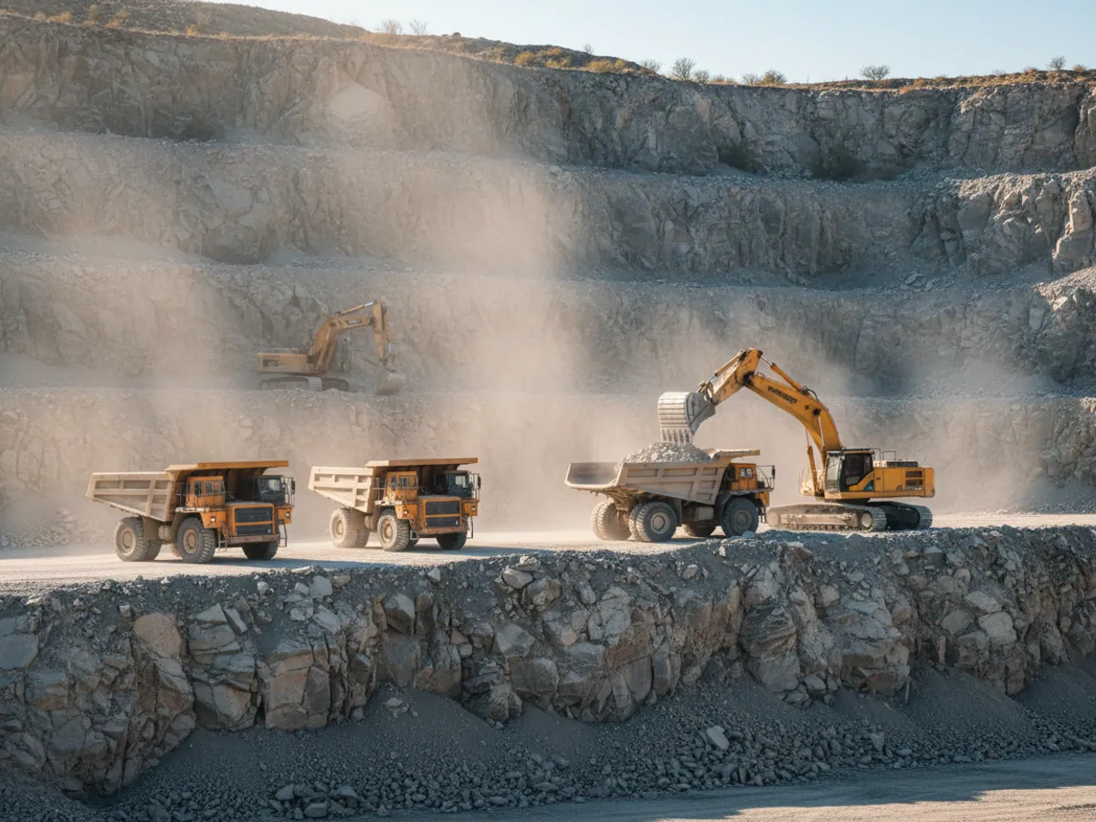 A queue of trucks at an excavator in a quarry, with a second excavator standing idle further off