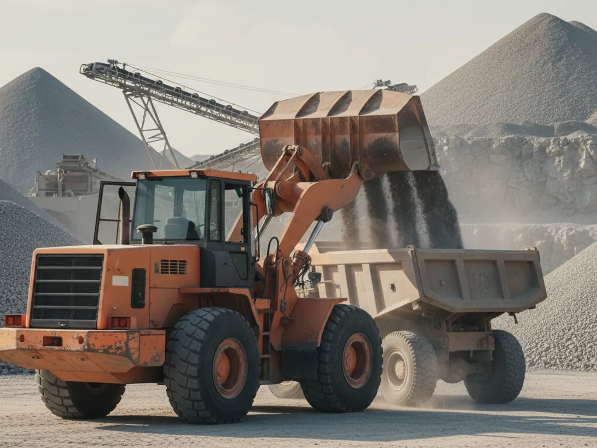 A wheel loader tipping crushed stone from its bucket into a tipper body by the material stockpile