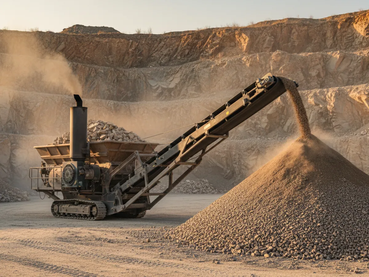 A tracked mobile crushing plant discharging crushed stone by conveyor into a conical pile